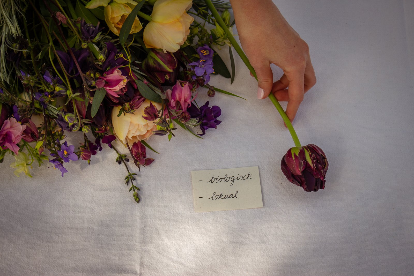 Boeket veldbloemen recht van het veld, met een kaartje: biologisch en lokaal